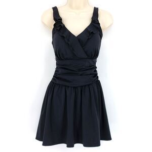 Denim & Co Beach Swimsuit Womens Sz 10 Black One Piece Swim Dress Modest